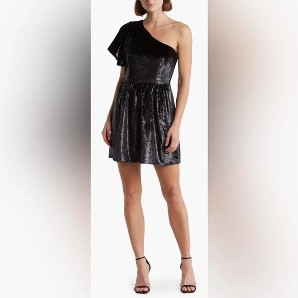 Seven One Shoulder Metallic Velour Fit & Flare Dress - Picture 1 of 6
